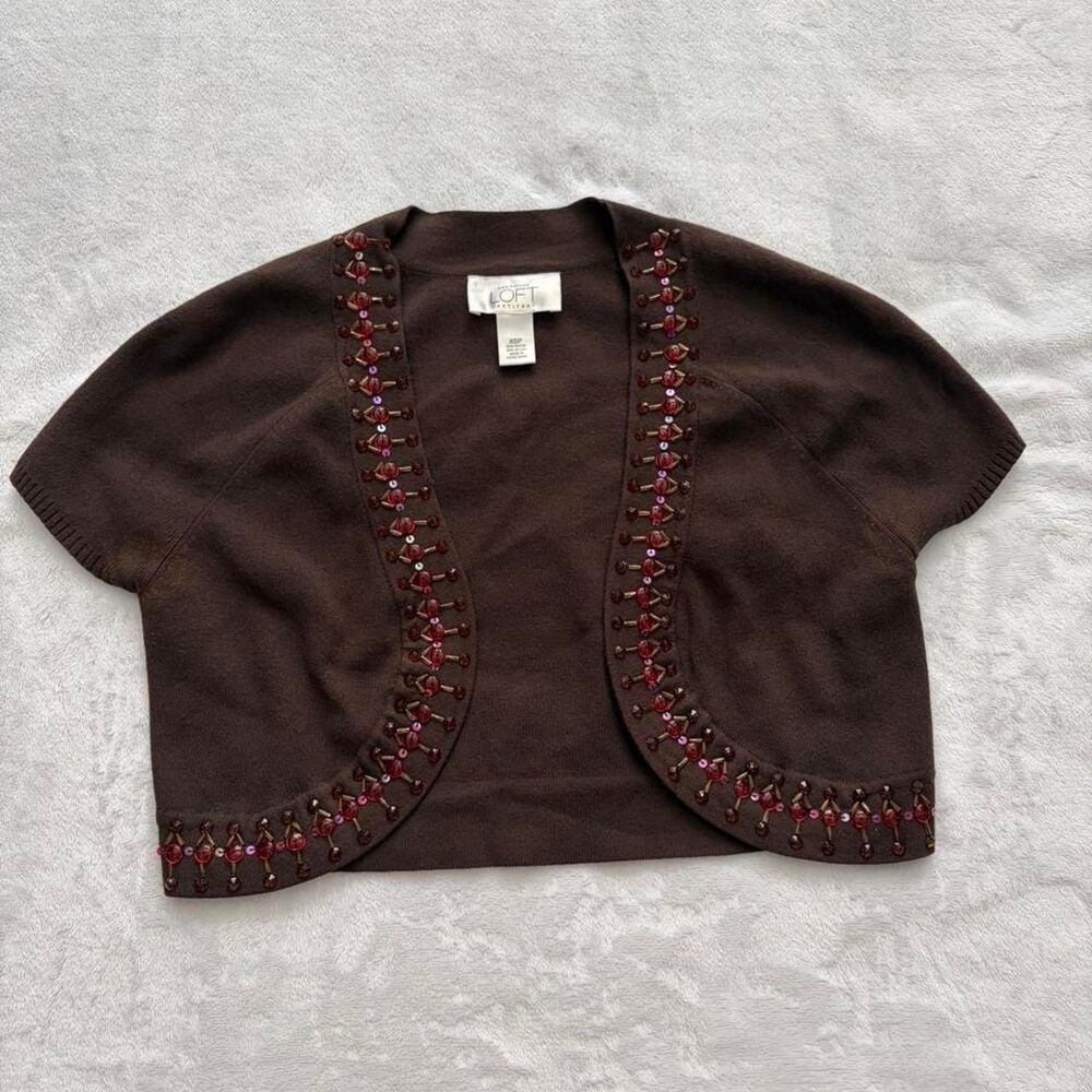 Loft Beaded Brown Cardigan Women's XS Petite Y2K Vintage Cropped Chic Boho Corp